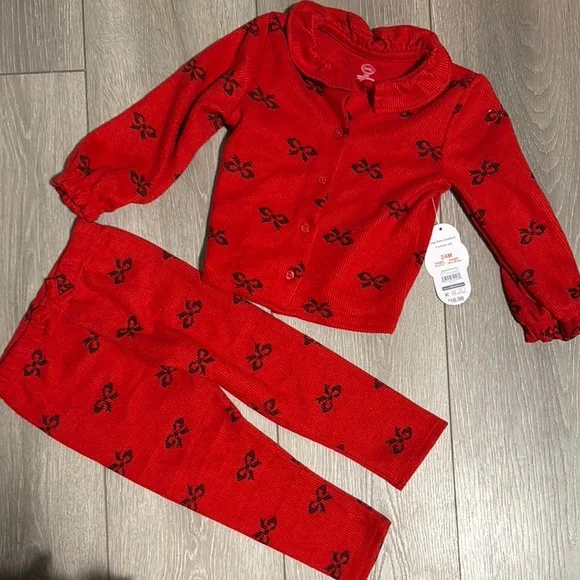 2 Kids Pajamas Set - Red and White with Ribbon Print 24 mo - Picture 3 of 5
